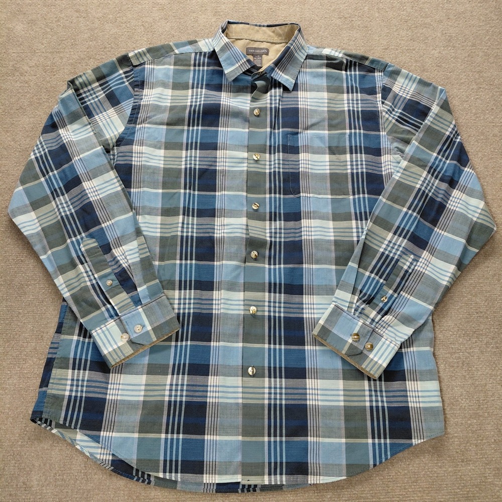 Van Heusen Shirt Mens LARGE 16-16 1/2 Blue Green Plaid Long Sleeve Button Up